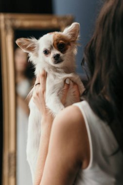 Kız aynanın önünde küçük bir köpek tutuyor.