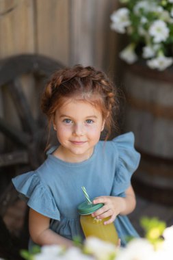 Bahçede kafasında saç örgüsüyle güzel bir kız çiçeklerin arasında yazın limonata içiyor.