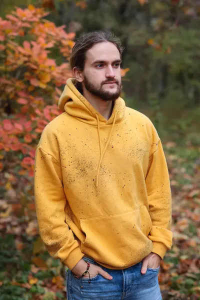 Sakallı, uzun saçlı, sarı kazaklı ve sonbahar parkında kot pantolonlu yakışıklı bir adam.