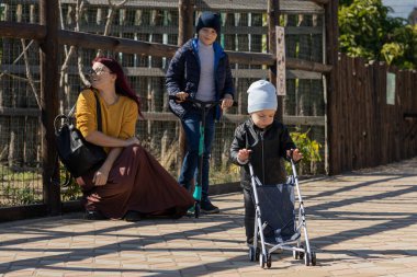 Mutlu genç anne ve iki oğlu sonbaharda parkta oynuyorlar.