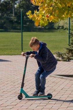 Genç çocuk yeşil scooter kullanıyor ve sonbaharda parkta numaralar yapıyor.