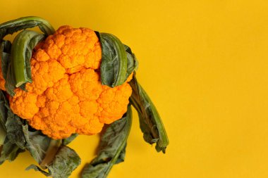 Zengin sarı arka planda yeşil yapraklı parlak sarı karnabahar. Reklam yazıları için yaratıcı bir altyapı. Yaz. Sebzeler.