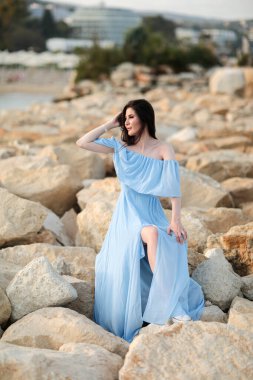 Uzun siyah saçlı, mavi uzun elbiseli güzel bir genç kız. Yazın sahilde.