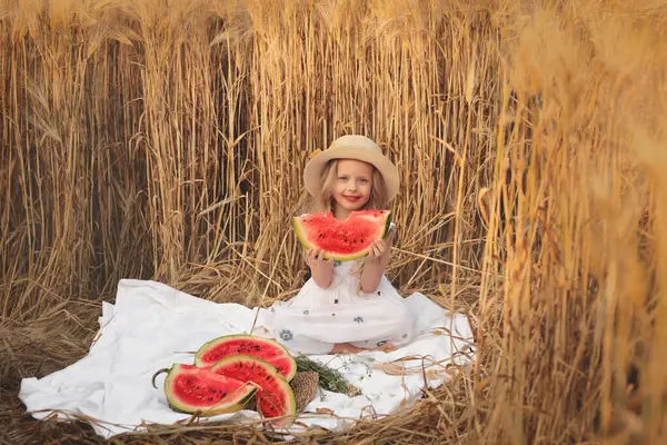Şapkalı küçük güzel kız yazın buğday tarlasında karpuz yiyor.