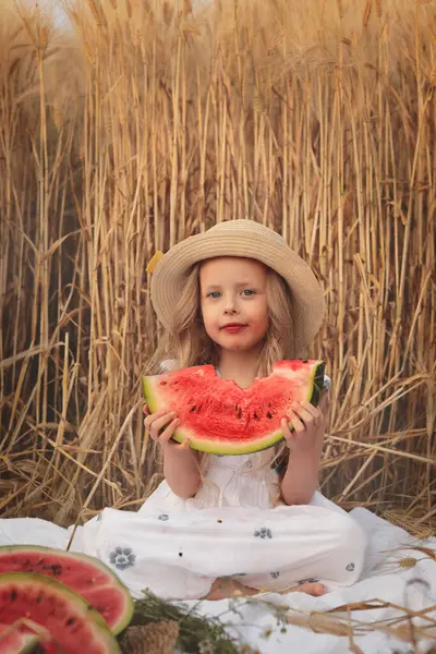 Şapkalı küçük güzel kız yazın buğday tarlasında karpuz yiyor.