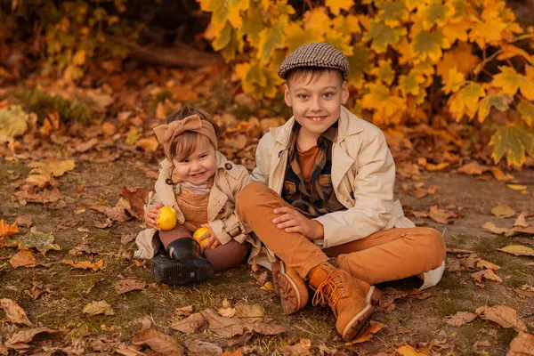 Küçük kız ve ağabeyi sonbahar parkında