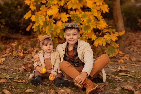 Küçük kız ve ağabeyi sonbahar parkında