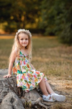 Çelenk takmış küçük bir kız büyük bir kütüğün üzerinde parkta oturuyor.