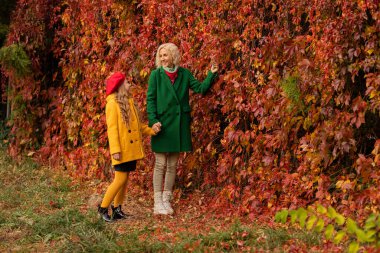 Parlak ceketli anne ve kızı sonbahar parkında yürüyor. Sonbahar sezonu. Sonbahar havası.