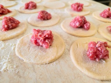 Masaya yuvarlak çiğ hamur köfteleri serpiştirilir, un serpiştirilir ve ev yapımı etle doldurulmadan önce rulo yapılır. Geleneksel Rus hamur tatlısı yapma süreci. Mutfak gıda konseptinin adım adım özeti