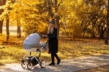 Sonbahar parkında elinde bebek arabası olan siyah şapkalı güzel bir genç kız. Sonbahar sezonu. Sonbahar havası. Sonbahar. Anne. Anneler Günü.