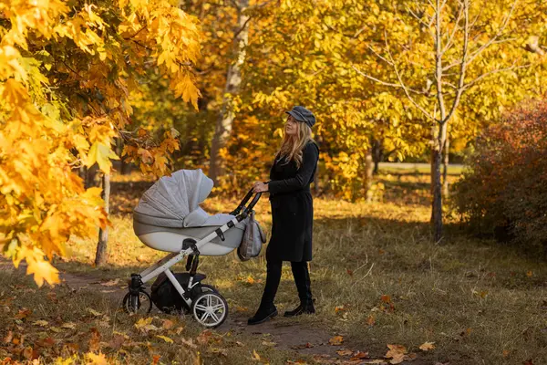 Sonbahar parkında elinde bebek arabası olan siyah şapkalı güzel bir genç kız. Sonbahar sezonu. Sonbahar havası. Sonbahar. Anne. Anneler Günü.