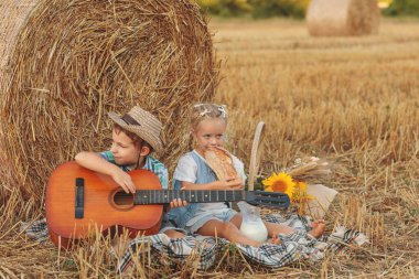 Oğlan ve kız 5 yaşındalar ve yazın piknik yapıyorlar. Erkek ve kız kardeş. Arkadaşlar. çocukluk.