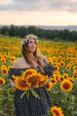 Yazın ayçiçeği tarlasında bir kız