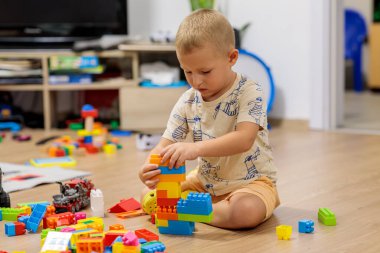 Little boy playing with colorful plastic building blocks on the floor