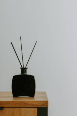 siyah çubuklu siyah difüzyon modern vazo bir odada rafta.