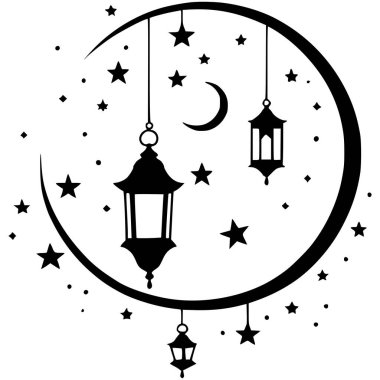 Fenerler Vektörü ile İslami Hilal Ay - Ramazan, Kurban Bayramı ve İslami Festival Projeleri İçin Yıldızlı Zarif Siyah Siluet Tasarımı. Ramazan ve bayram ruhunu bu güzel el yapımı hilal vektörü ile kutlayın İslam sanatı için mükemmel