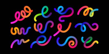 Renk Gradyan Çizgileri ve Soyut 3D Şekil Dalgalı Gökkuşağı Kurdeleleri ve Spiral Geometrik Elemanlar Tasarımı