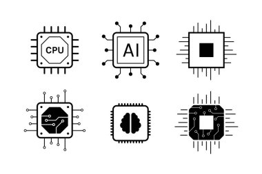 Bilgisayar Çipleri ve Elektronik Devre Simgeleri Koleksiyonu Teknoloji ve Donanım Tasarımı İçin Ayarlandı