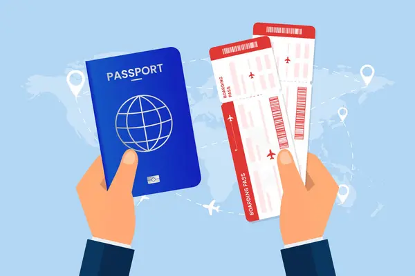 Mavi arka planda dünya haritası ve uçak konumu olan pasaport ve biniş kartı, düz vektör tasarımında seyahat kavramını temsil ediyor.