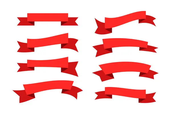 Ribbon Banner Set. Kırmızı Kurdele Koleksiyonu. Dekoratif Vektör Tasarım Paketi