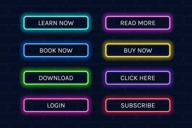 Web tasarımı için parlayan neon düğmeler. Çevrimiçi kullanım için parlak vektör eylem ögeleri ve simgeleri