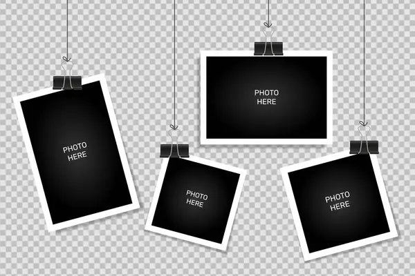 Klipslerde asılı fotoğraf çerçeveleri. Duvar İçin Gerçekçi Boş Anılar Görünümü, İzole Şablon