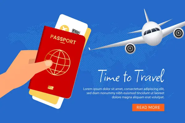 Seyahat bayrağı seyahat zamanı Pasaport, bilet ve uçak tasarımı içeren konsept sunma