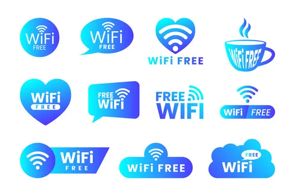 Ücretsiz Wi-Fi bölgesi mavi simgesi seti. Konuşma balonu, kahve fincanı, internet erişimi için kalp sembolleri