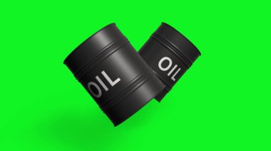 Yeşil arka planda yüzen iki siyah metal yağ fıçısı. Petrol endüstrisi konsepti. 3B görüntüleme döngüsü