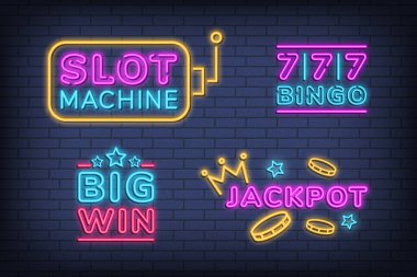 Neon Slot Makinesi, 777, İkramiye ve Kara Tuğla Duvar Arkaplan Vektör Resimlerinde Büyük Kazanç Tabelaları