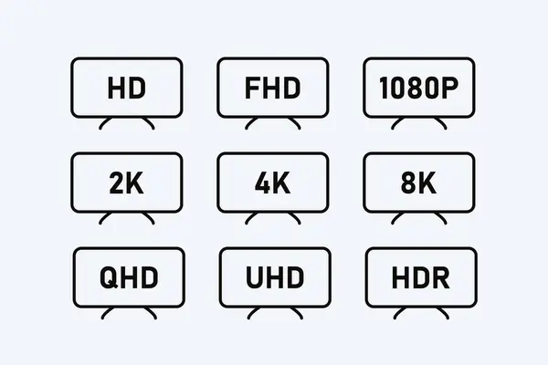 Ekran çözünürlüğü simgesi, Tam HD ve 4K kalite televizyon ve monitör işaretleri içeren bir ekran çözünürlük simgesi