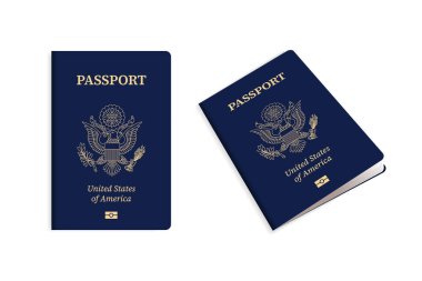 ABD Pasaportu ve Resmi Mühür İllüstrasyonu. Amerikan Seyahat Kimliği Belge Vektörü Grafik Tasarımı