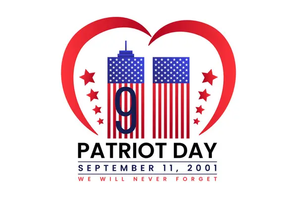 Vatanseverlik Günü vektör illüstrasyonu, ABD bayrağıyla birlikte 9-11 anma töreni. Asla unutmayacağız.