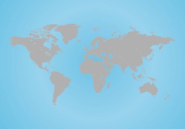 Gri dünya haritası, tüm ülke sınırları koyu gri renk ve mavi arkaplan ile