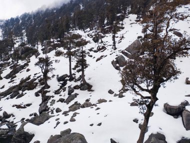 Kareri beyaz karlı dağları bulutlu gökyüzünün altında. Kareri dağlarında harika bir gün, Himachal Preadesh