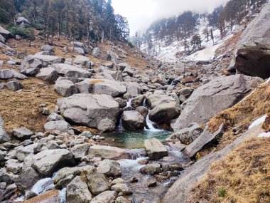 Güzel bir şelale Kareri, Dharamshala, Himachal Pradesh, Hindistan 'daki bazı kayaların arasından akıyor.