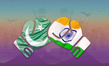  Hindistan Pakistan 'a karşı. Hindistan ve Pakistan 2025 sınırında savaş, savaş ya da savaş kavramı. Vektör illüstrasyonu.