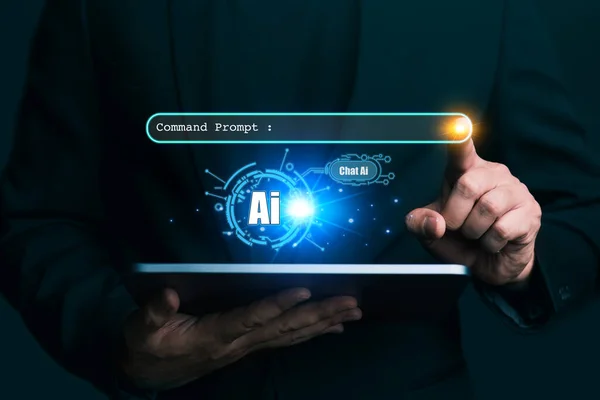 Tech Businessman Show Virtual Graphic Chat Artificial Intelligence Using Command — Stock Photo, Image