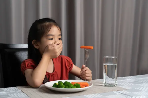 Little Cute Kid Girl Refusing Eat Healthy Vegetables Children Eat Stock Photo