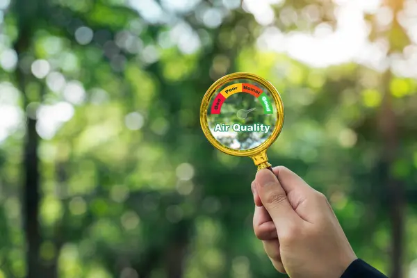Hand Holding Magnifying Glass Check Good Air Quality Clean Outdoor Stock Photo