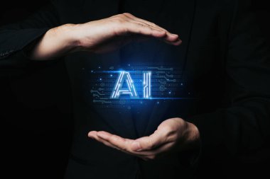 İş adamı Al 'ı korur. Teknoloji akıllı robot bilimi ve yapay zeka teknolojisi ve yenilik fütüristik.