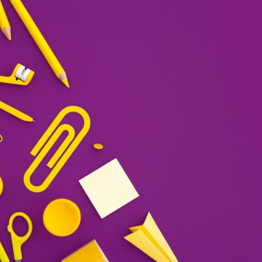 Mor arka plan ve sarı okul malzemeleri. Okula dönelim. Düz yatıyordu.
