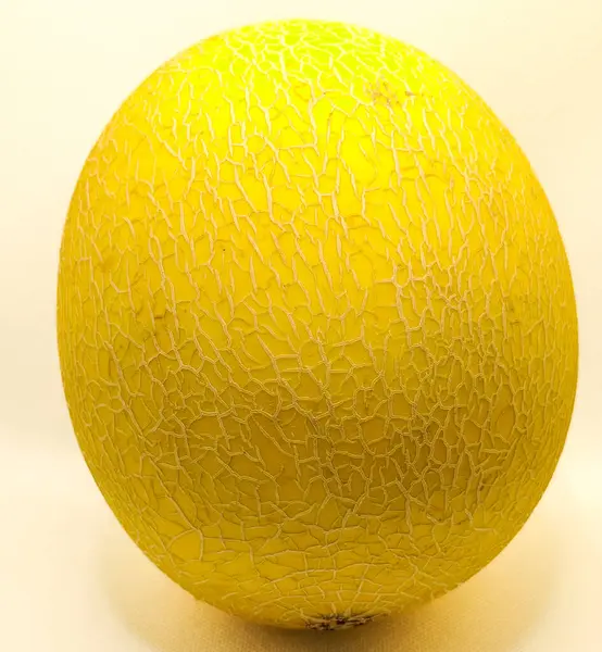 Karmaşık perdeli desenler gösteren, dokulu sarı kabuklu olgun bir kavun. Canlı rengi ve sert dış görünüşü tazeliği gösteriyor. Bu da onu lezzetli ve besleyici bir tropikal meyve yapıyor..