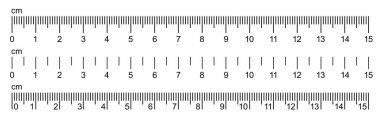 Cetvel ölçeği. Cetvel boyutu göstergeleri. Cetvel 15 cm. Metrik santimetre. Ölçme aleti. Izgara cm.
