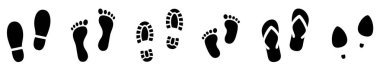 Farklı insan ayak izleri. Ayakkabı tabanı silueti. Bebek çocukların ayak izleri, çocuklar ve yetişkinler için ayakkabılar, yetişkinler ve çocuklar için adımlar. Düz biçim koleksiyonu.