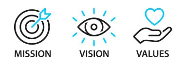 Değer panosu web simgeleri ayarlandı. Görev, Görüş ve Değerler bilgi tasarım şablonu.