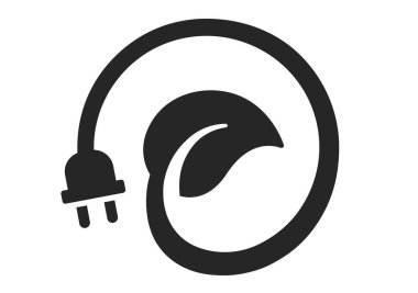 Yenilenebilir yeşil enerji tasarruf sembolü. Tak ve yaprak eko vektör işareti. Elektrik enerjisi şarj sembolü.