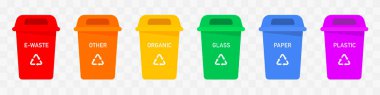 Çöp kutusu simgesi koleksiyonu. Çöp kutusu simgesi ayarlandı. Ayrılma konsepti. Farklı tipte çöpler için plastik kaplar. Atık yönetimi kavramı.
