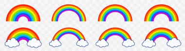 Renkli gökkuşağı simgeleri ayarlandı. Klasik gökkuşağı koleksiyonu. Kırmızı, turuncu, sarı, yeşil, mavi ve mor. Beyaz bulutlu gökkuşağı.